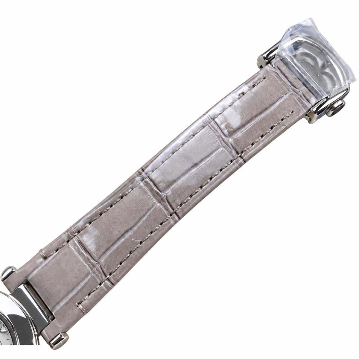 Cartier Pasha de Cartier 35mm — Steel, Silver Dial, Arabic Numerals & Grey Leather Strap, Women