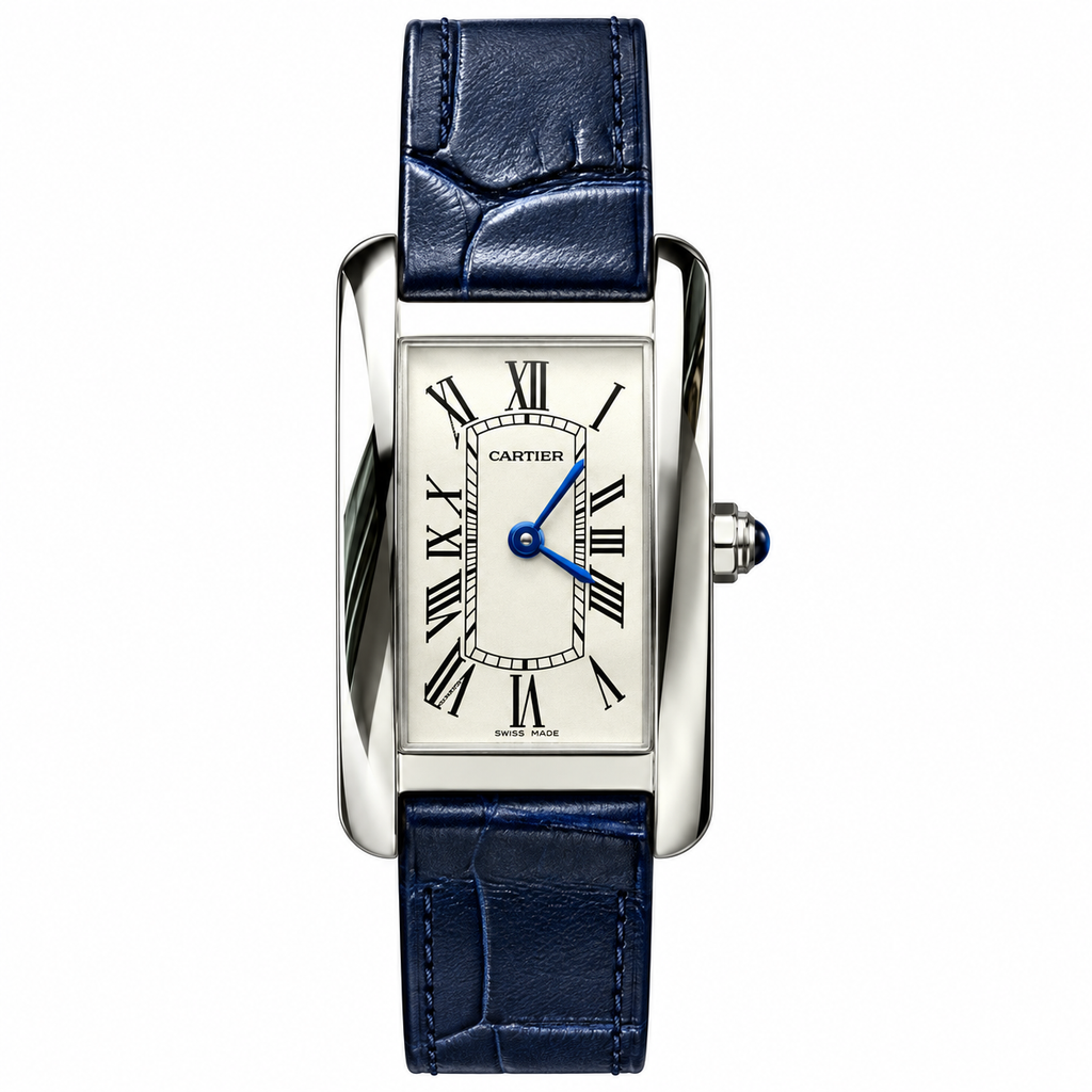 Cartier Tank Américaine Large — 18K White Gold, Silver Dial, Roman Numerals & Navy Alligator Strap, Automatic