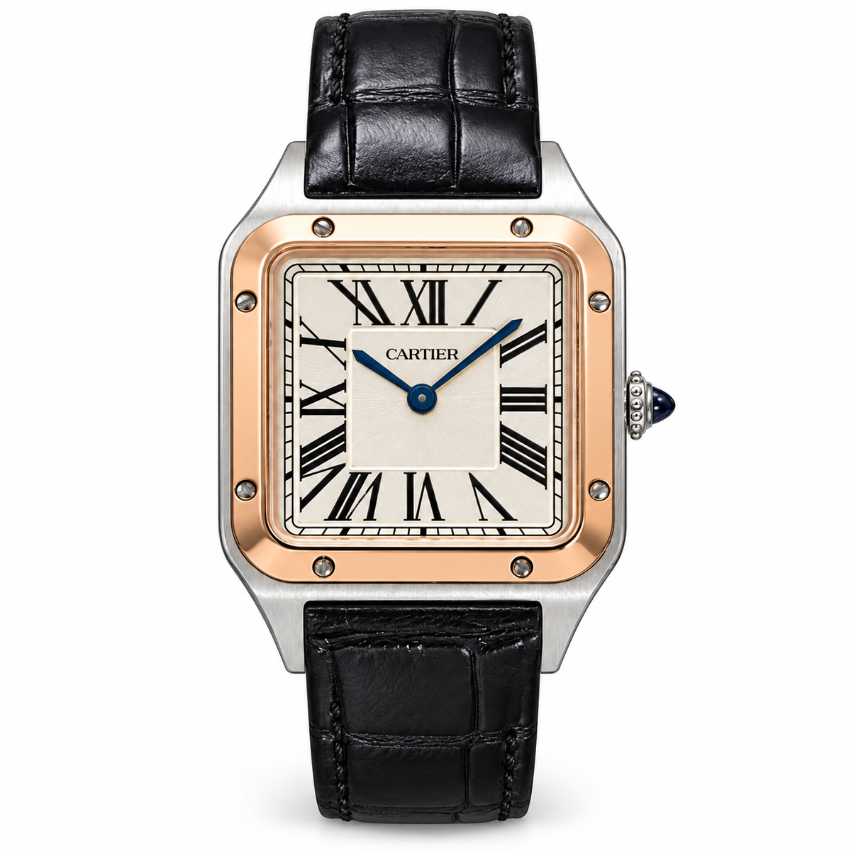 Cartier Santos-Dumont — Two-Tone Rose Gold & Steel, White Dial & Black Leather Strap