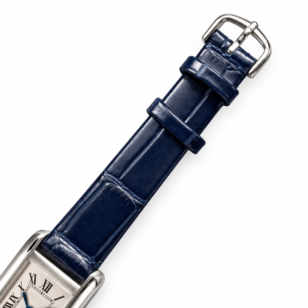 Cartier Tank Américaine Small — 18K White Gold, Silver Dial, Roman Numerals & Navy Alligator Strap, Women