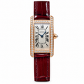 Cartier Tank Américaine Small — 18K Rose Gold, Diamond Bezel, Silver Dial & Burgundy Alligator Strap, Women