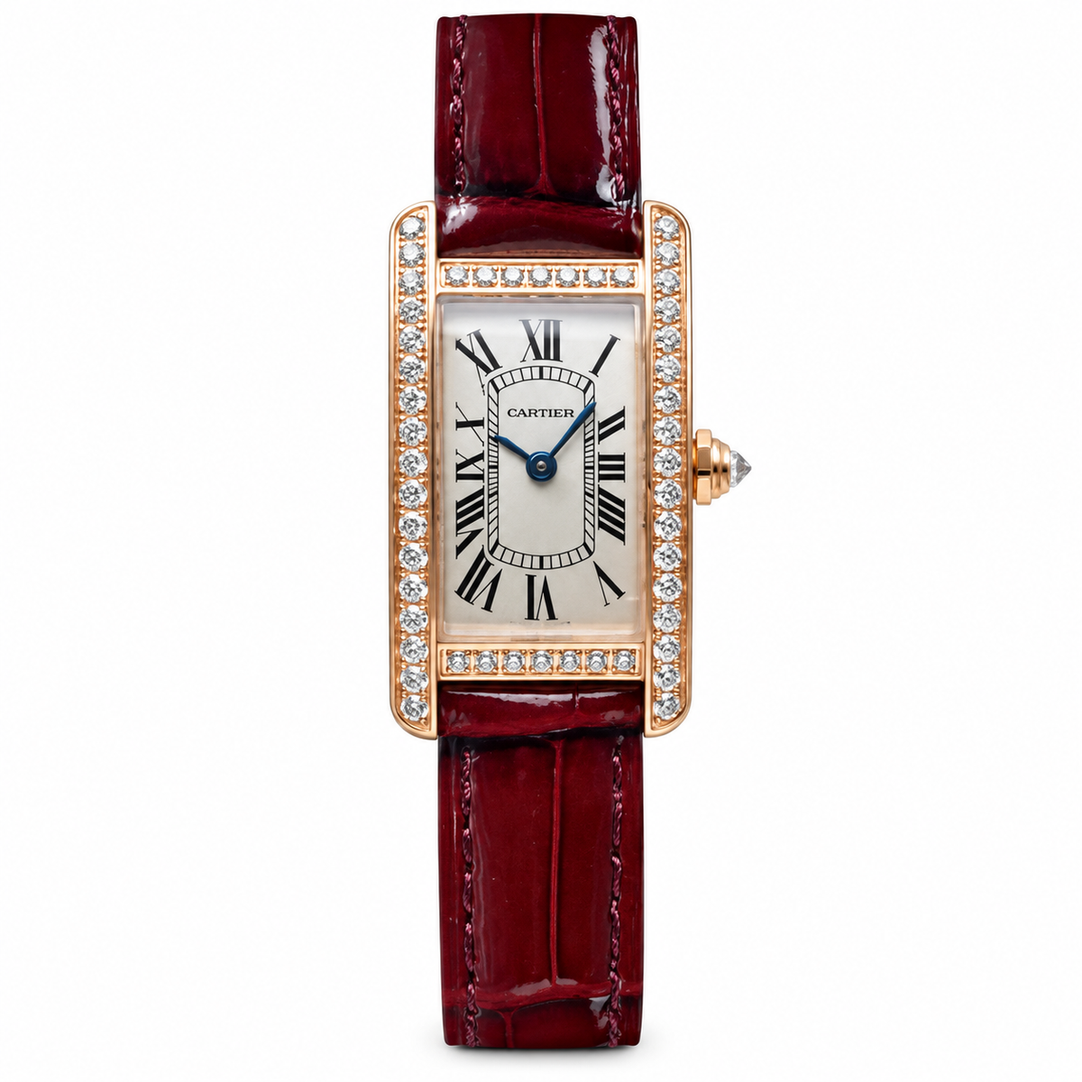Cartier Tank Américaine Small — 18K Rose Gold, Diamond Bezel, Silver Dial & Burgundy Alligator Strap, Women