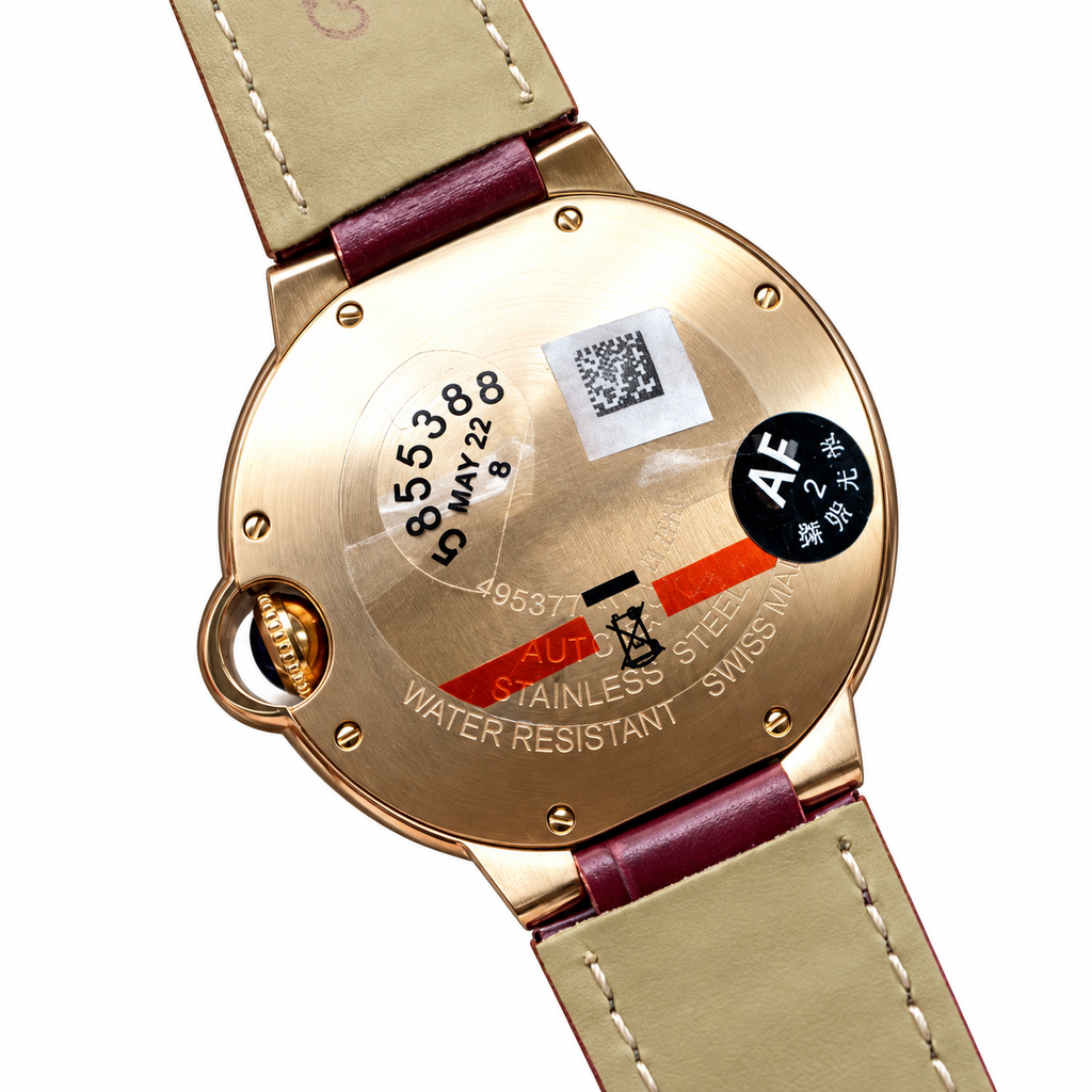 Cartier Ballon Bleu de Cartier 36mm — 18K Rose Gold, Silver Guilloché Dial, Roman Numerals & Burgundy Alligator Strap, Automatic
