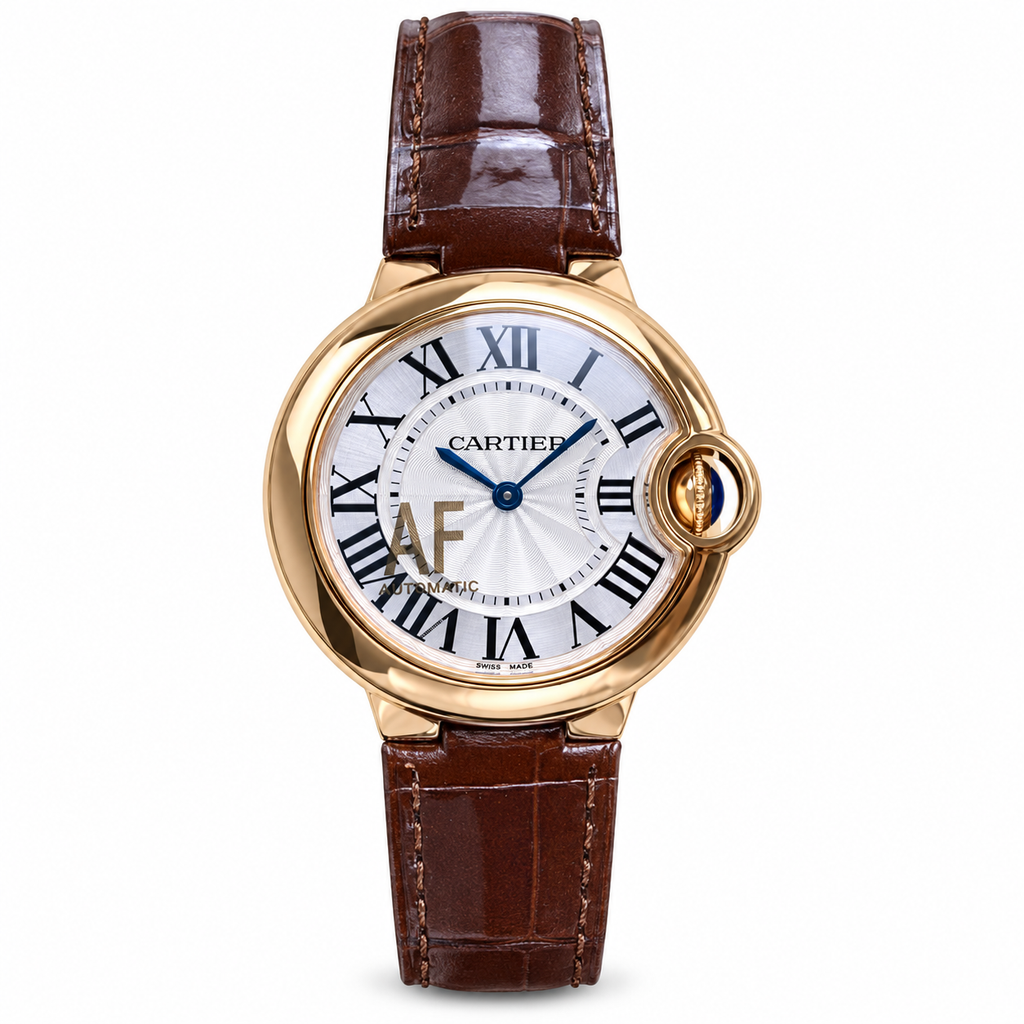 Cartier Ballon Bleu 33mm — 18K Rose Gold, Silver Dial, Roman Numerals & Brown Alligator Strap, Women