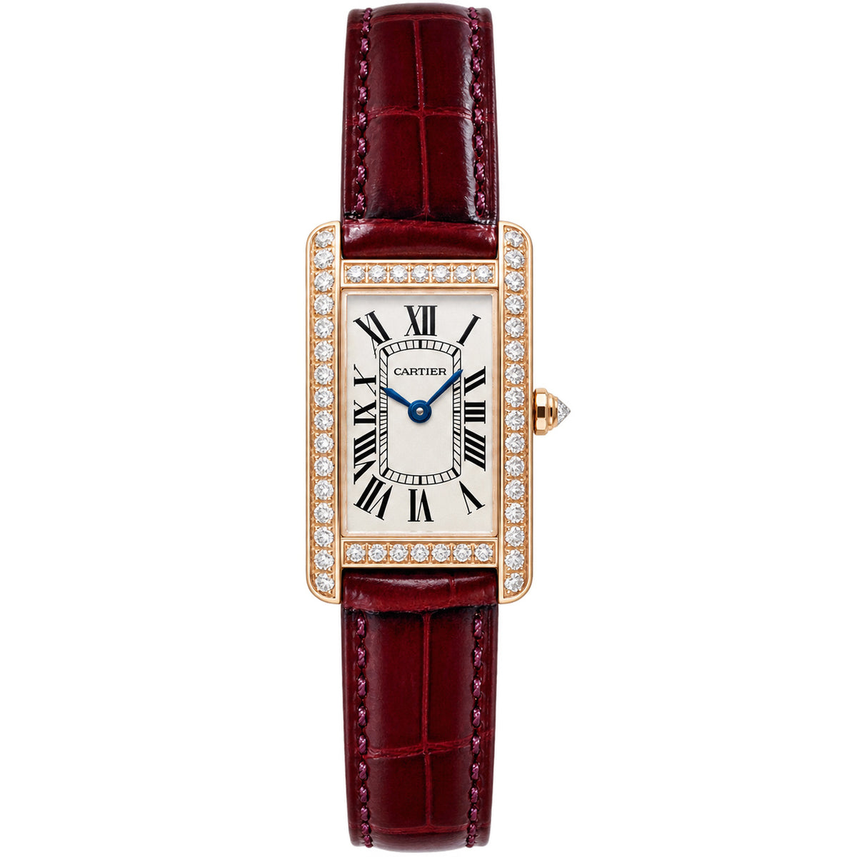Cartier Tank Américaine Rose Gold Diamond Bezel Ladies Watch with Burgundy Leather Strap