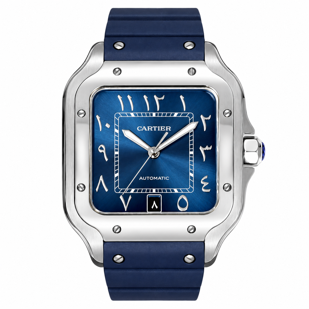 Cartier Santos Large — Steel, Black Dial, Arabic Numerals, Date & Navy Rubber Strap, Automatic