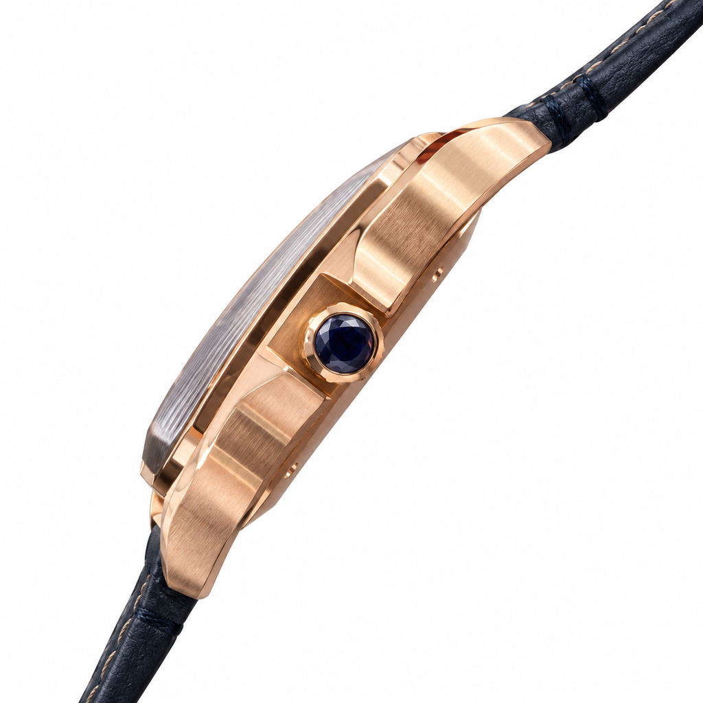 Cartier Santos Large Rose Gold White Dial Blue Hands Date Automatic Black Strap Watch – KDY