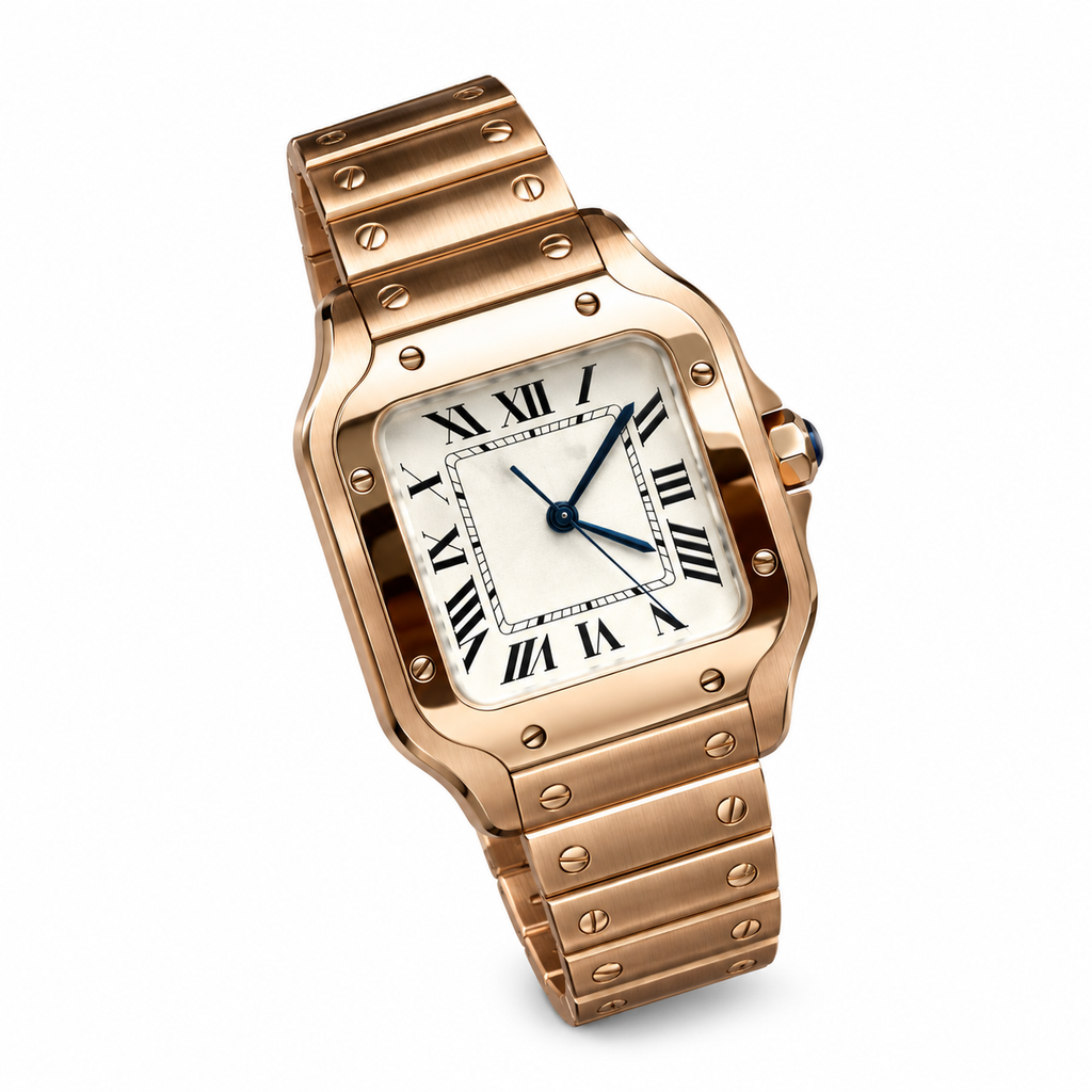 Cartier Santos Large — 18K Rose Gold, White Dial, Roman Numerals & Rose Gold Bracelet, Automatic