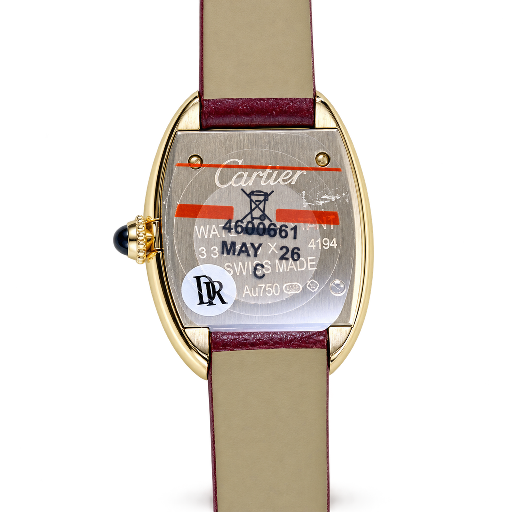 Cartier Baignoire — 18K Yellow Gold, Burgundy Lacquer Dial & Red Leather Strap
