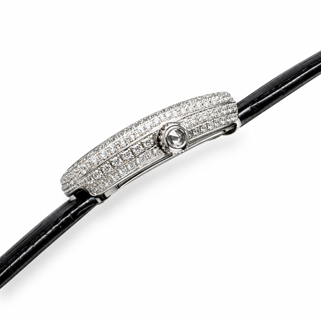 Cartier Baignoire — 18K White Gold, Double Diamond Bezel & Black Leather Strap