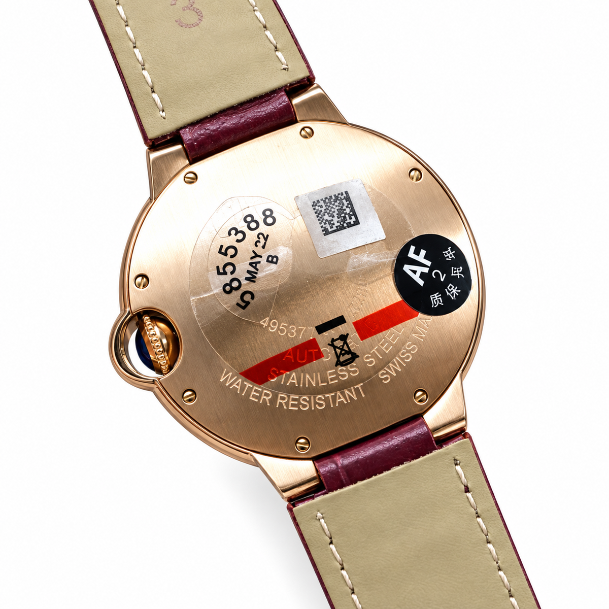 Cartier Ballon Bleu 36mm — 18K Rose Gold, Silver Dial, Roman Numerals & Burgundy Alligator Strap, Automatic