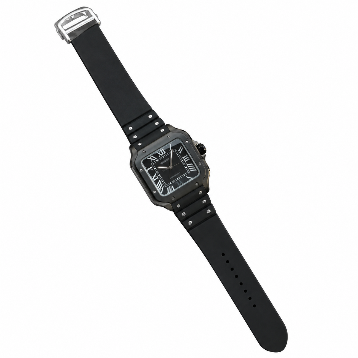 Cartier Santos de Cartier Large — Full Black ADLC, Black Dial, Roman Numerals & Black Rubber Strap, Automatic