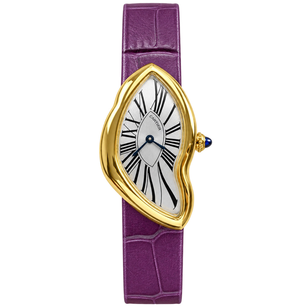 Cartier Crash — 18K Yellow Gold, Silver Dial, Roman Numerals & Purple Alligator Strap, Women