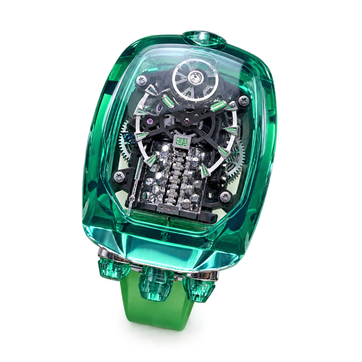 Jacob & Co. x Bugatti Twin Turbo Furious Green Sapphire Tourbillon Engine Green Rubber Watch