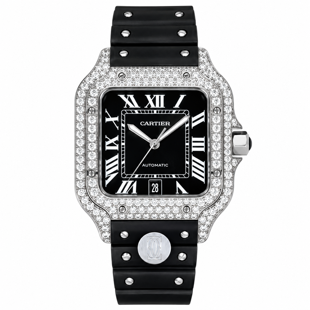 Cartier Santos de Cartier Automatic — Full Diamond Bezel, Date & Black Rubber Strap