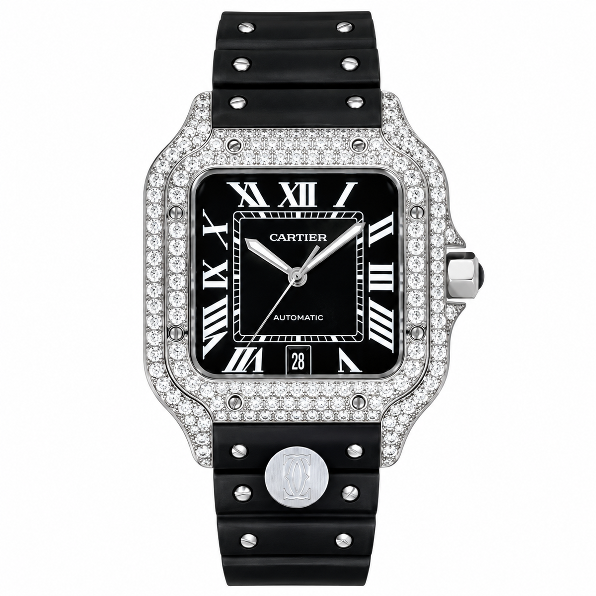 Cartier Santos de Cartier Automatic — Full Diamond Bezel, Date & Black Rubber Strap