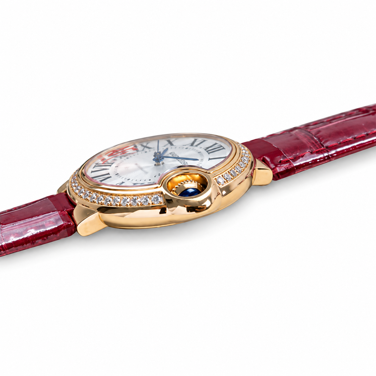 Cartier Ballon Bleu Rose Gold Diamond Bezel Red Leather Watch