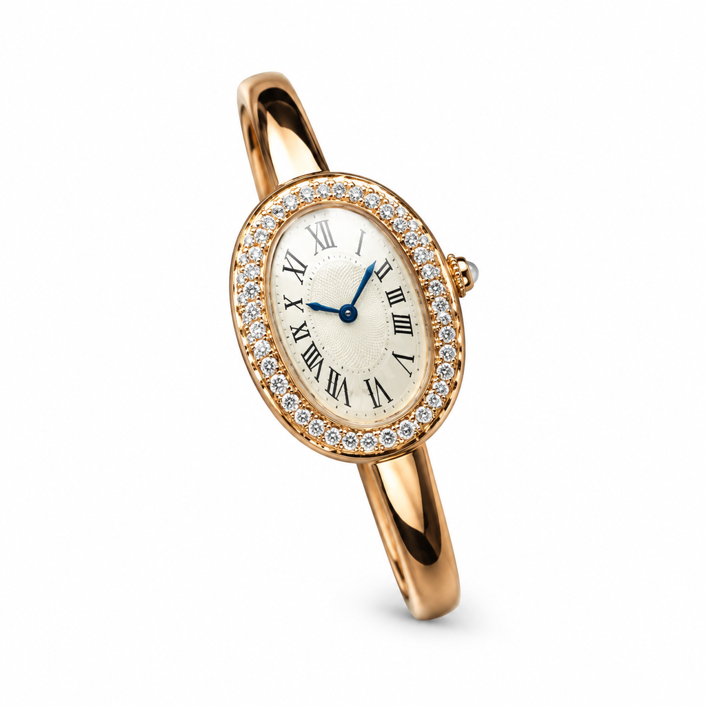 Cartier Baignoire — 18K Yellow Gold, Diamond Bezel, White Dial & Gold Bangle, Women