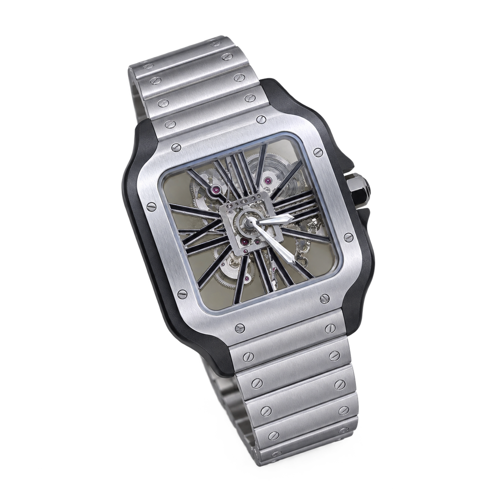 Cartier Santos de Cartier Skeleton — Steel & Black ADLC Bezel, Steel Bracelet