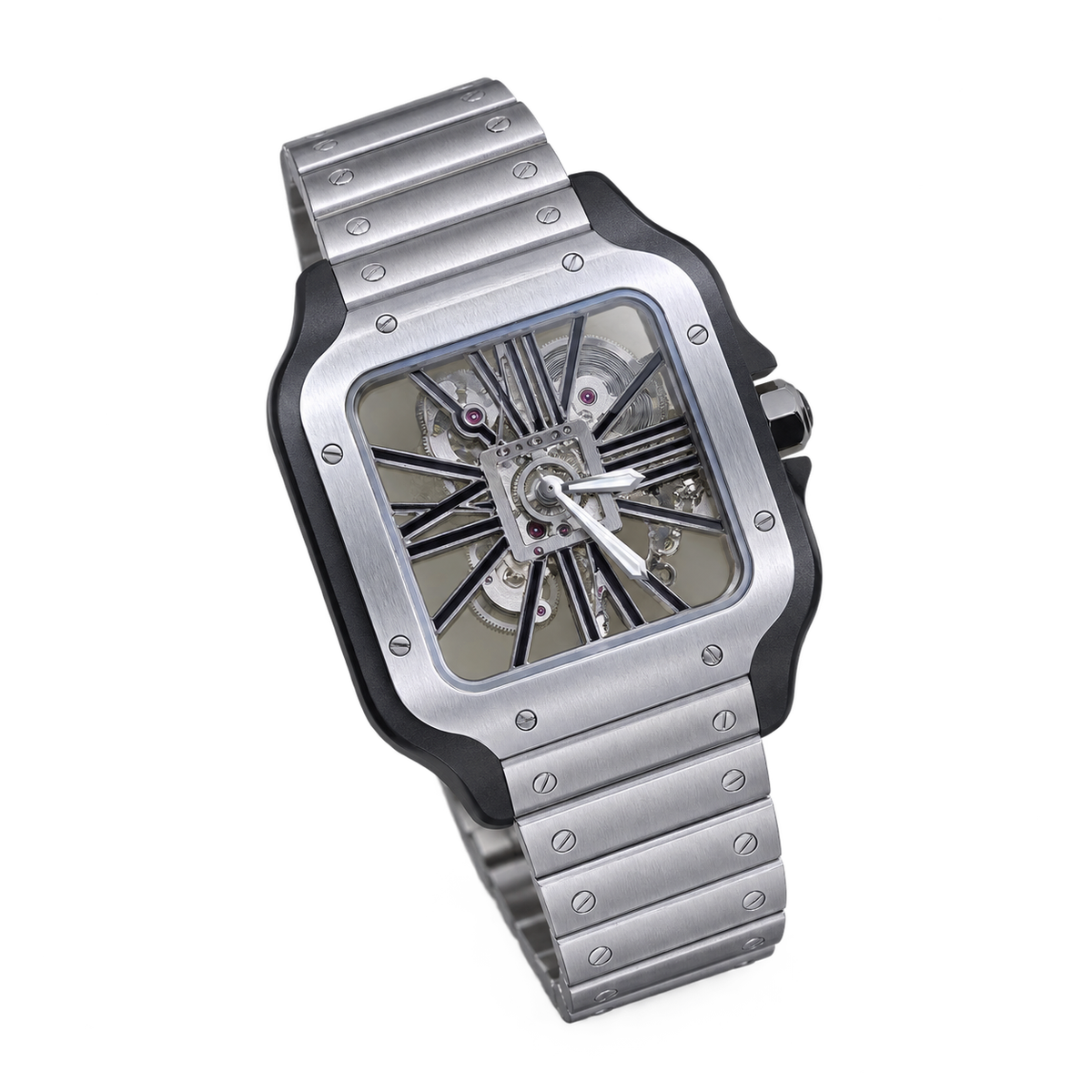 Cartier Santos de Cartier Skeleton — Steel & Black ADLC Bezel, Steel Bracelet