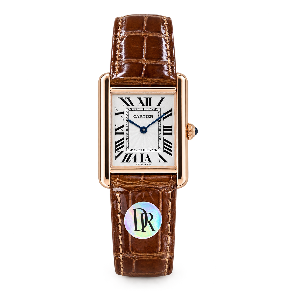 Cartier Tank Must Large — 18K Rose Gold, White Dial, Roman Numerals & Brown Alligator Strap, Women