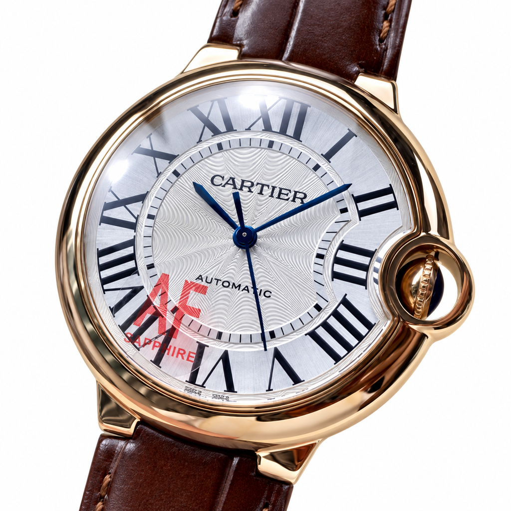 Cartier Ballon Bleu 36mm — 18K Rose Gold, Silver Dial, Roman Numerals & Brown Alligator Strap, Automatic