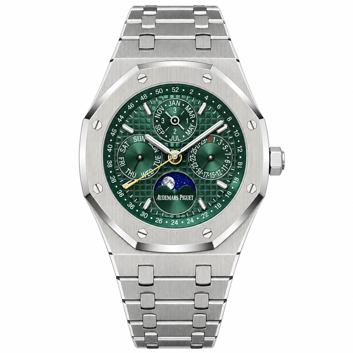 Audemars Piguet Royal Oak Perpetual Calendar Green Grande Tapisserie Dial Blue Moon Phase Stainless Steel Bracelet