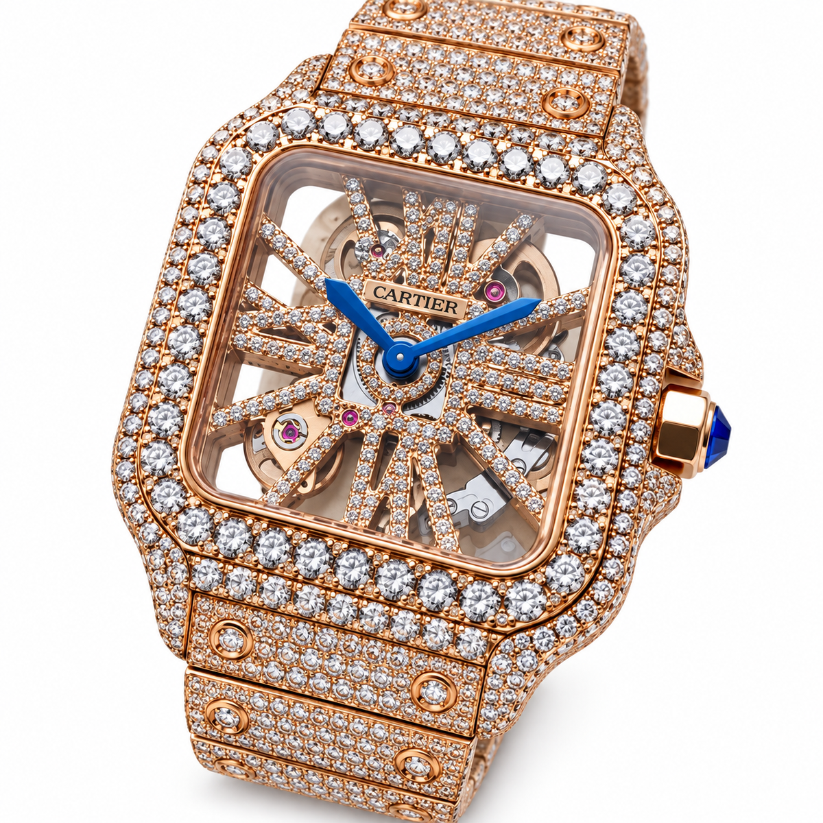 Cartier Santos Full Diamond Rose Gold Skeleton Watch – KDY