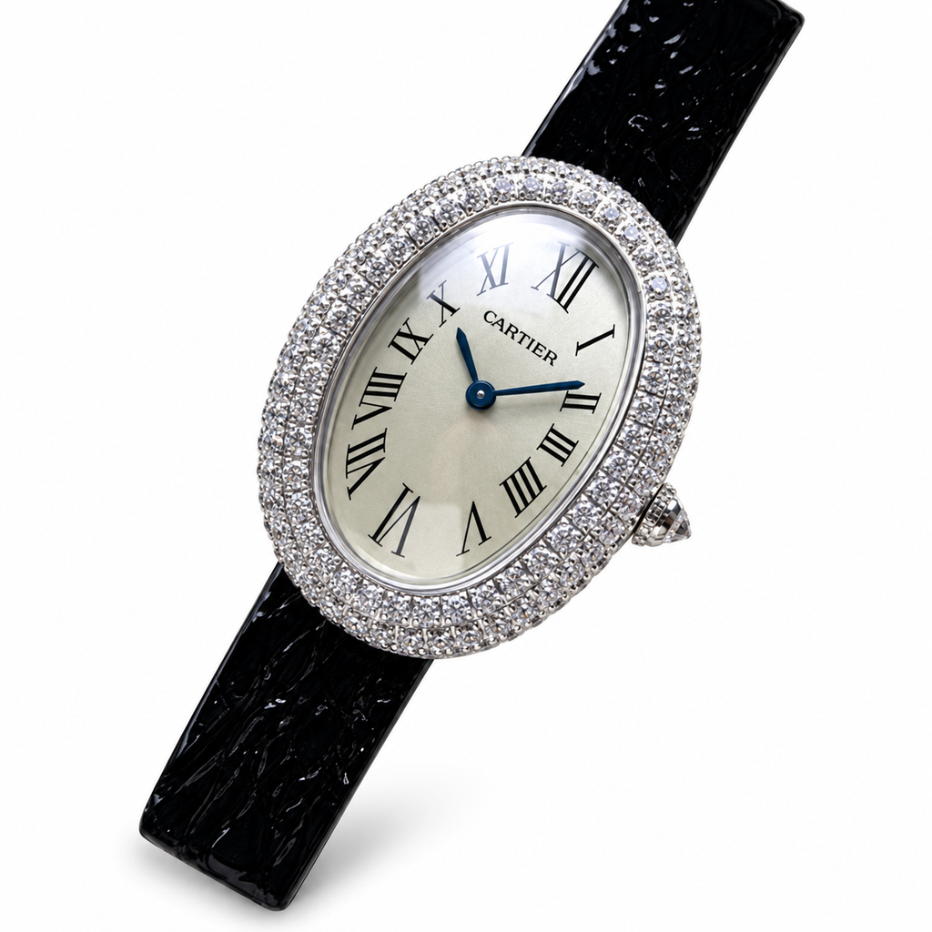 Cartier Baignoire Mini — 18K White Gold, Diamond Bezel, White Dial & Black Glitter Strap, Women