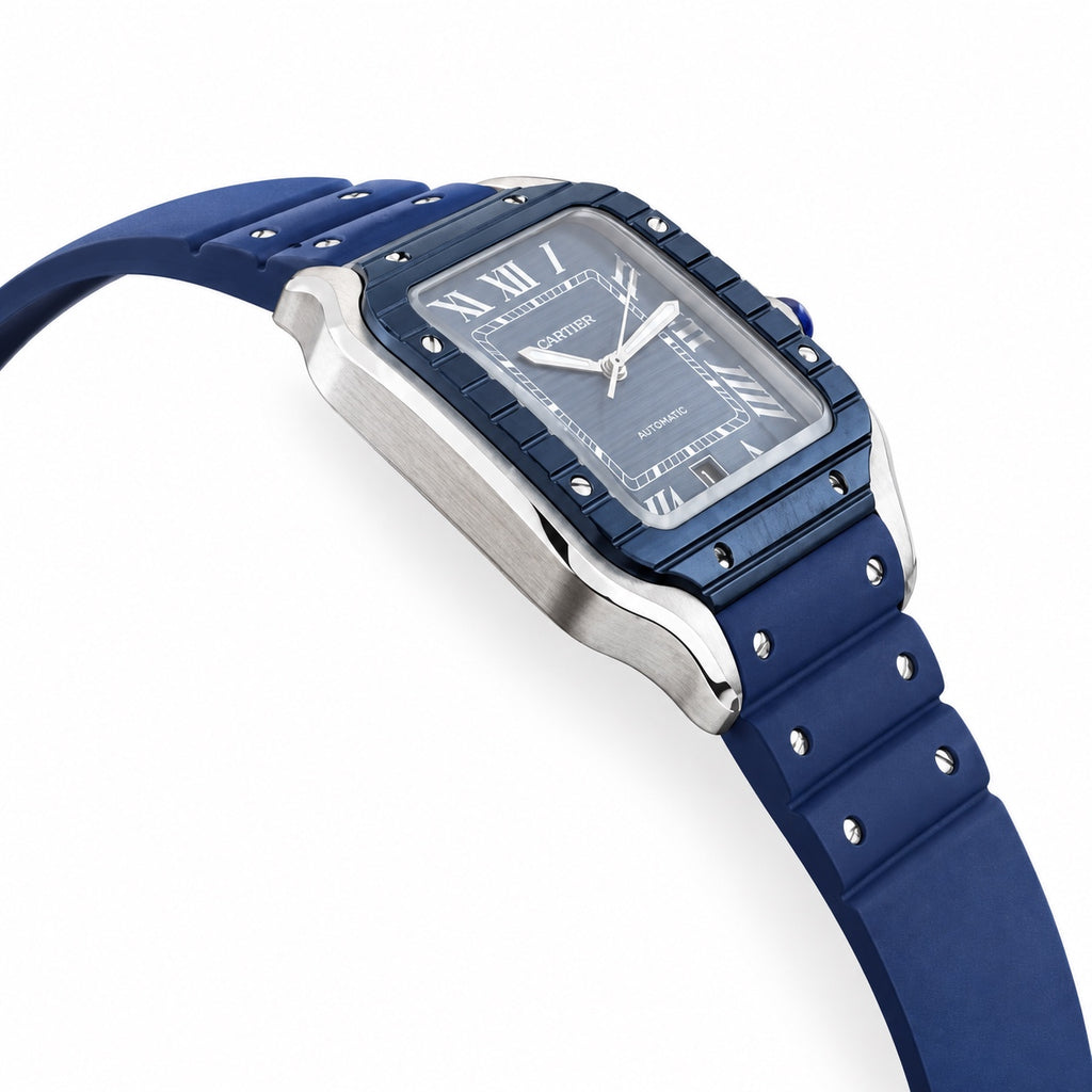 Cartier Santos Large — Steel & Blue ADLC, Blue Dial, Roman Numerals, Date & Blue Rubber Strap, Automatic