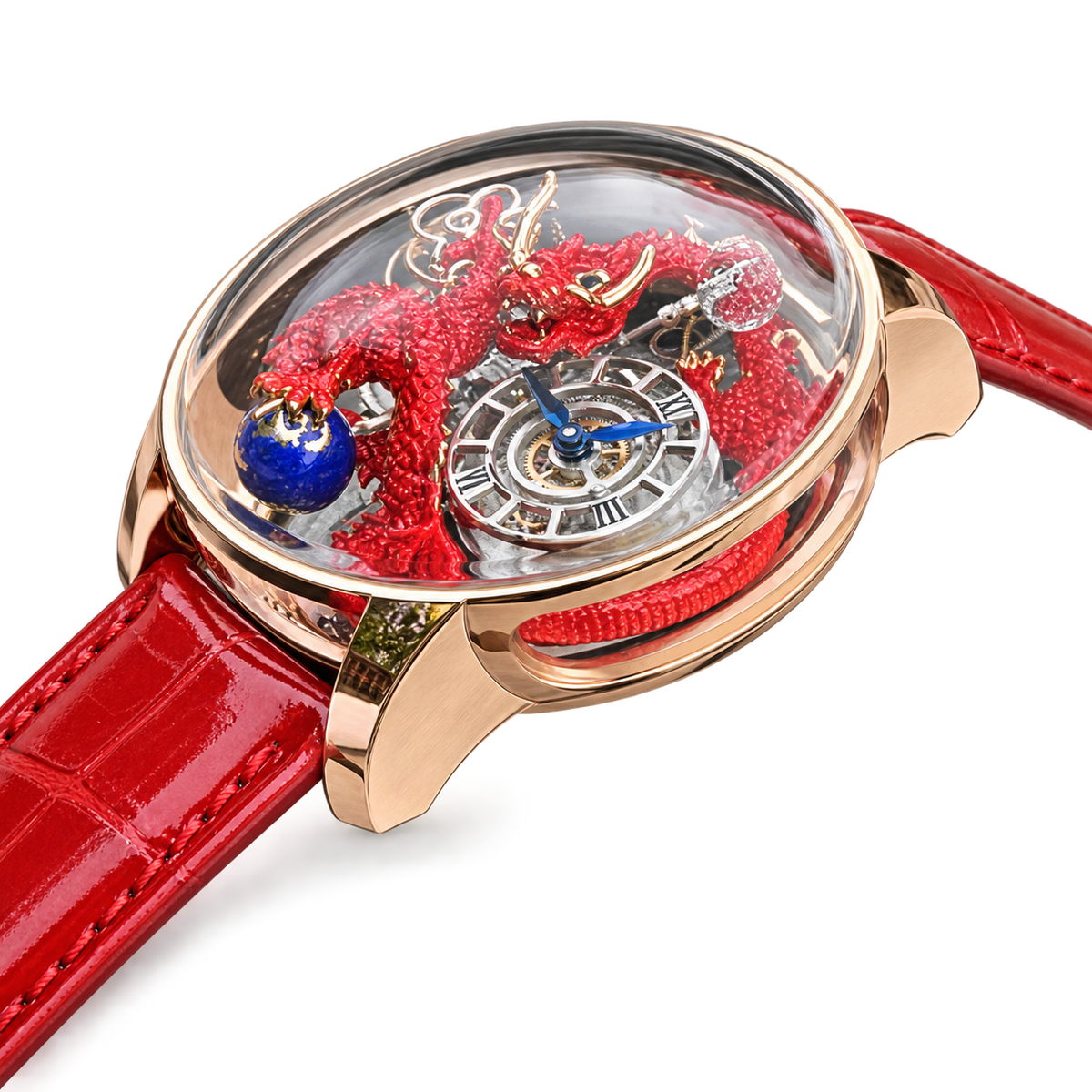 Jacob & Co. Astronomia Art Red Dragon Rose Gold Tourbillon Blue Orb Red Leather Watch