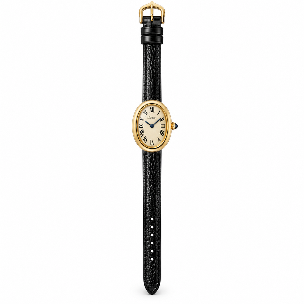 Cartier Baignoire — 18K Yellow Gold, Cream Oval Dial, Roman Numerals & Black Alligator Strap, Women