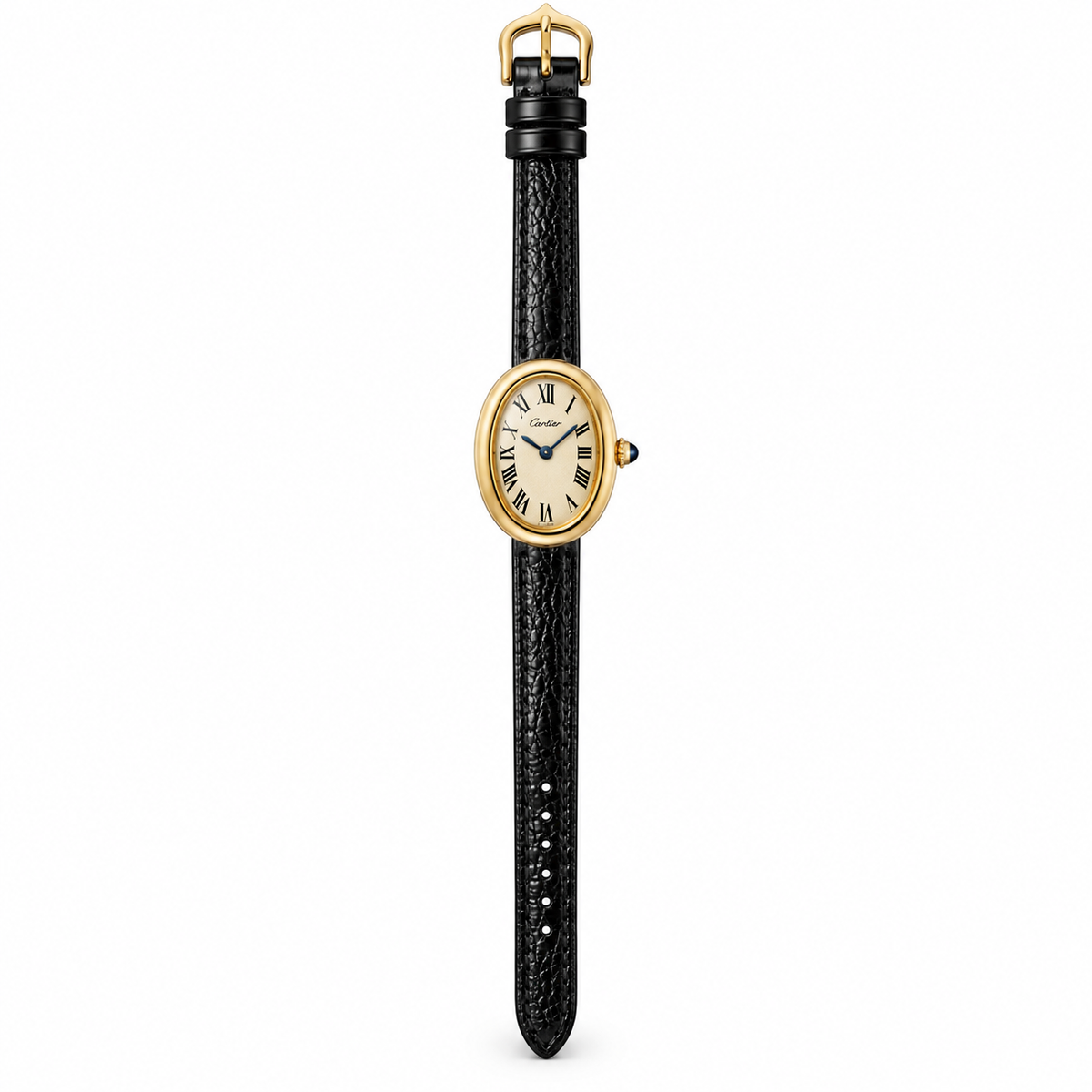 Cartier Baignoire — 18K Yellow Gold, Cream Oval Dial, Roman Numerals & Black Alligator Strap, Women