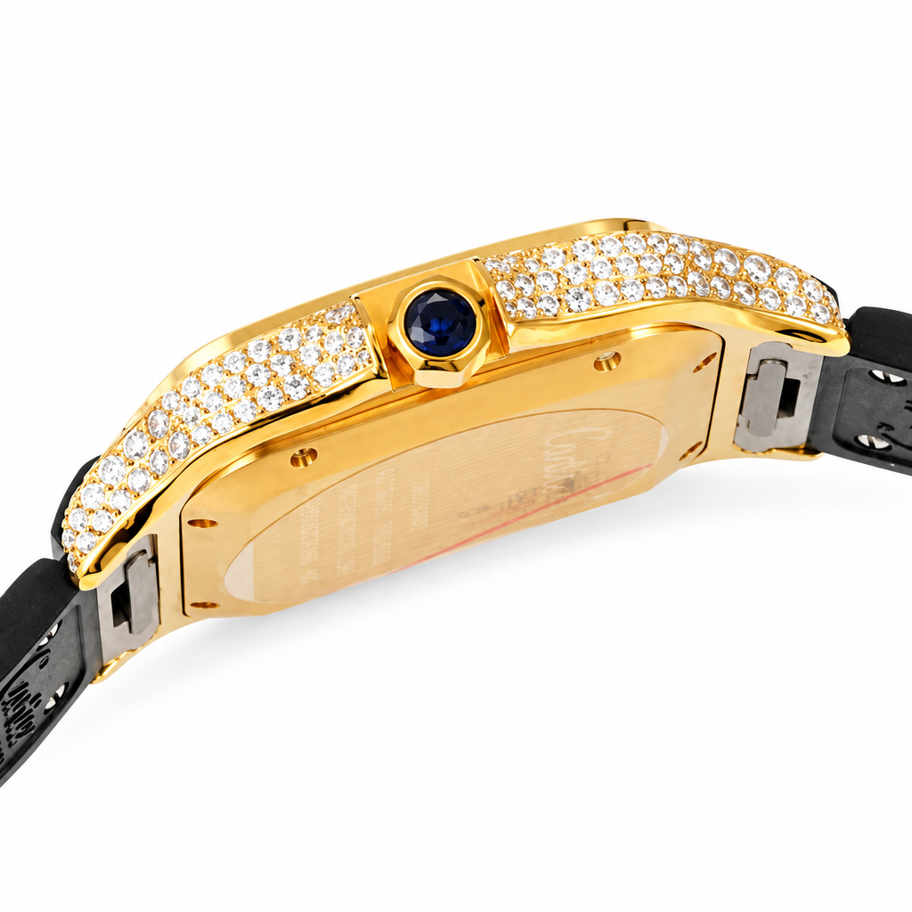 Cartier Santos de Cartier Automatic — 18K Yellow Gold, Full Diamond Bezel & Black Rubber Strap, Large