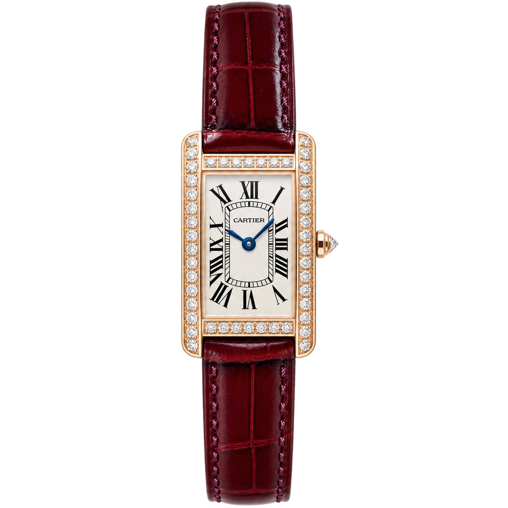 Cartier Tank Américaine rose gold diamond bezel ladies watch with burgundy alligator leather strap