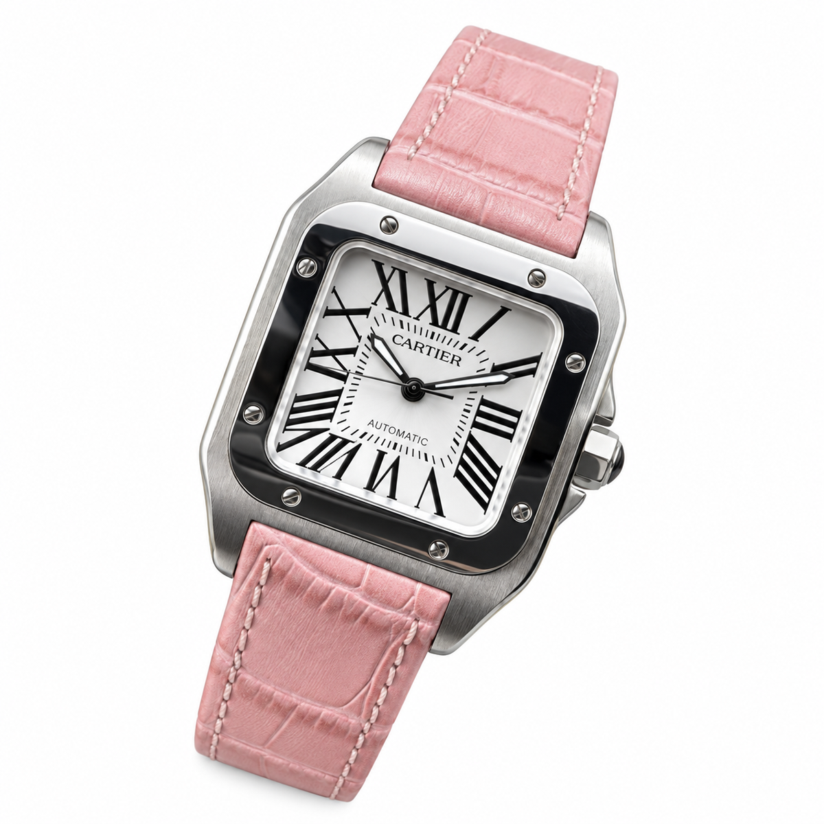 Cartier Santos 100 Automatic — White Dial & Pink Leather Strap