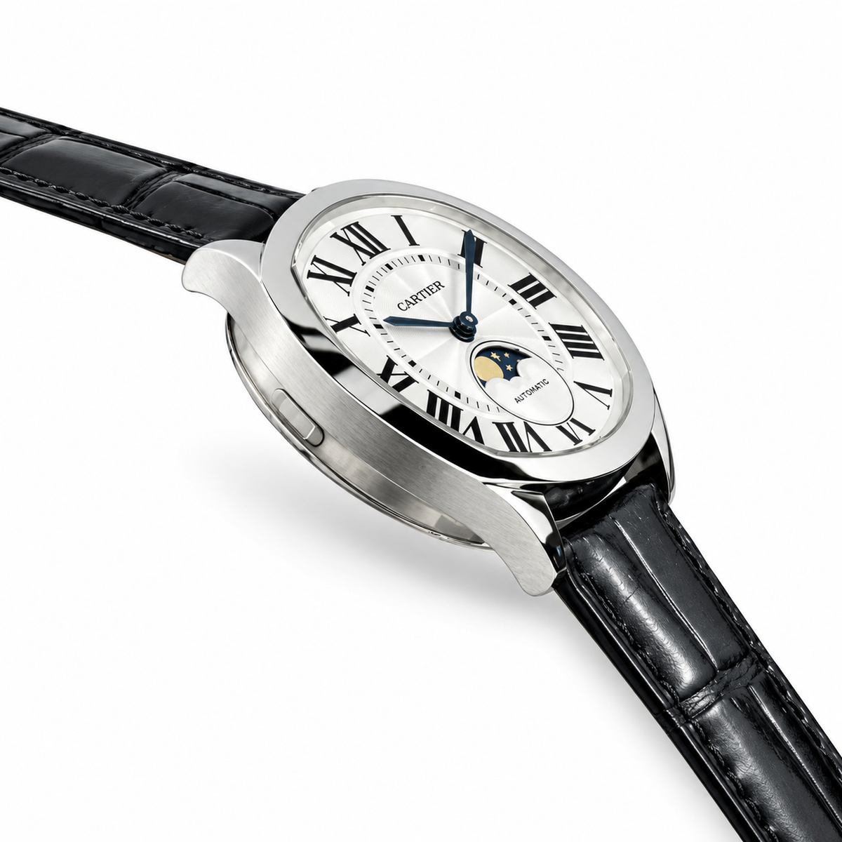 Cartier Drive de Cartier — Steel, White Dial, Moon Phase & Black Alligator Strap, Automatic