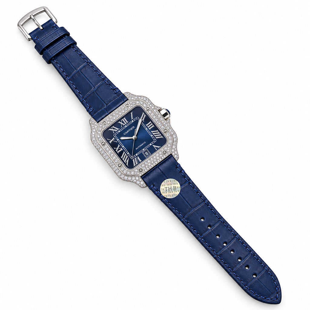 Cartier Santos Diamond Pave Blue Dial Leather Watch