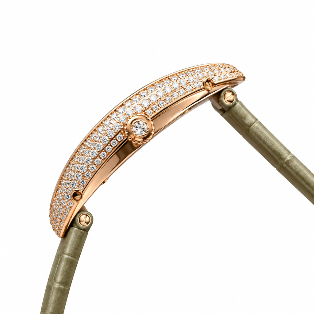 Cartier Baignoire Allongée Large — 18K Rose Gold, Double Diamond Bezel, Cream Oval Dial & Olive Alligator Strap, Women