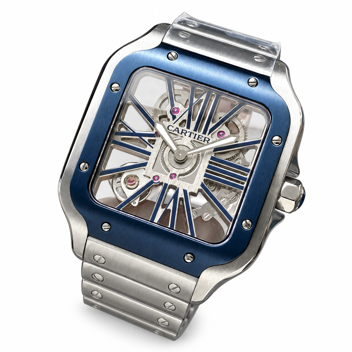 Cartier Santos de Cartier Skeleton Automatic — Steel, Blue ADLC Bezel & Steel Bracelet, Large