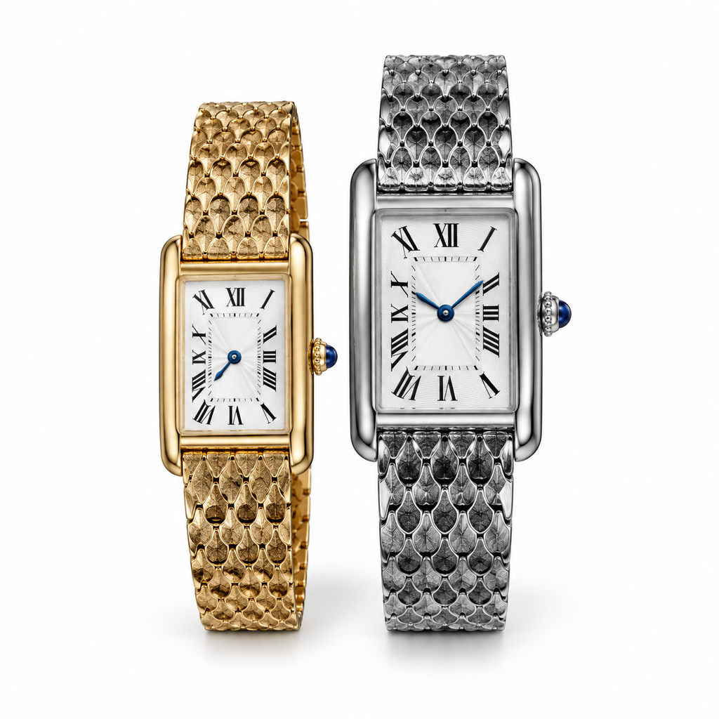 Cartier Tank Américaine Small — 18K Rose Gold, Silver Dial, Roman Numerals & Rose Gold Mesh Bracelet, Women