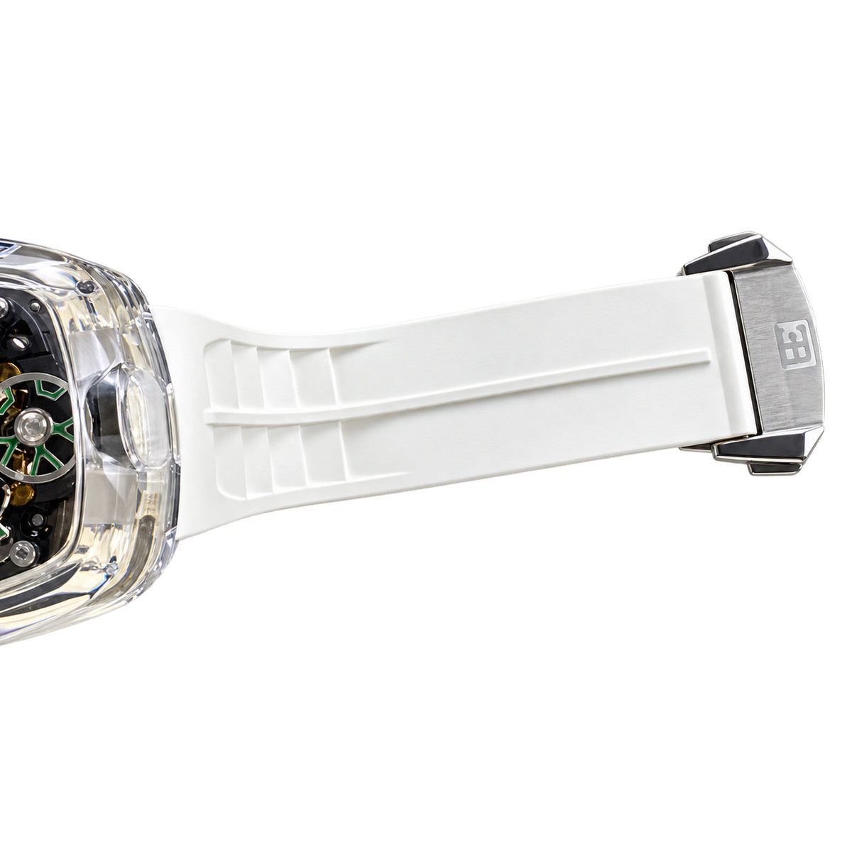 Jacob & Co. x Bugatti Chiron Clear Sapphire Tourbillon Green Accents White Rubber Watch