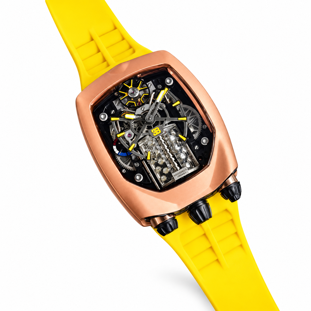 Jacob & Co. x Bugatti Chiron Rose Gold Skeleton Tourbillon Engine Yellow Rubber Watch