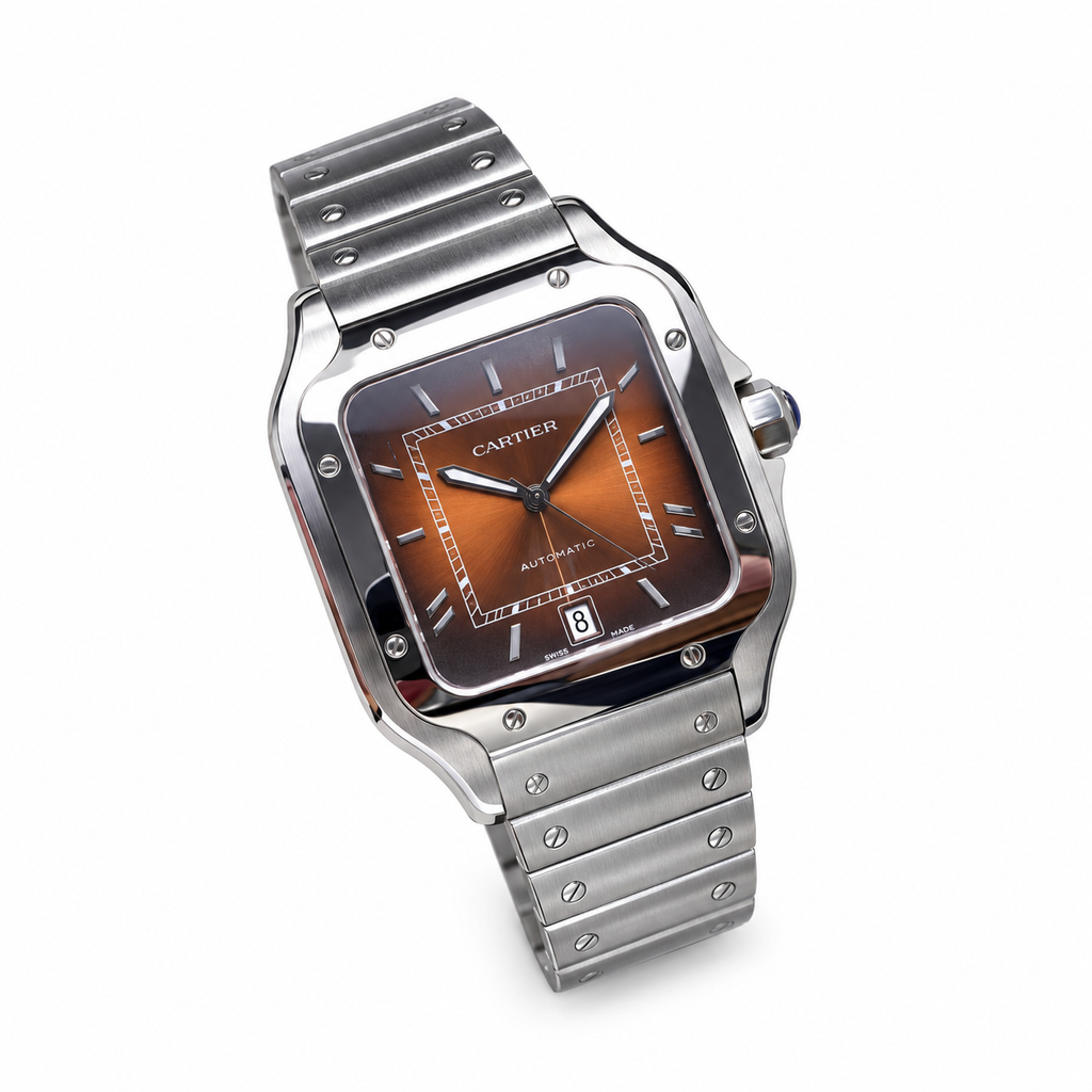Cartier Santos Large — Steel, Brown Dial, Arabic Numerals, Date & Steel Bracelet, Automatic