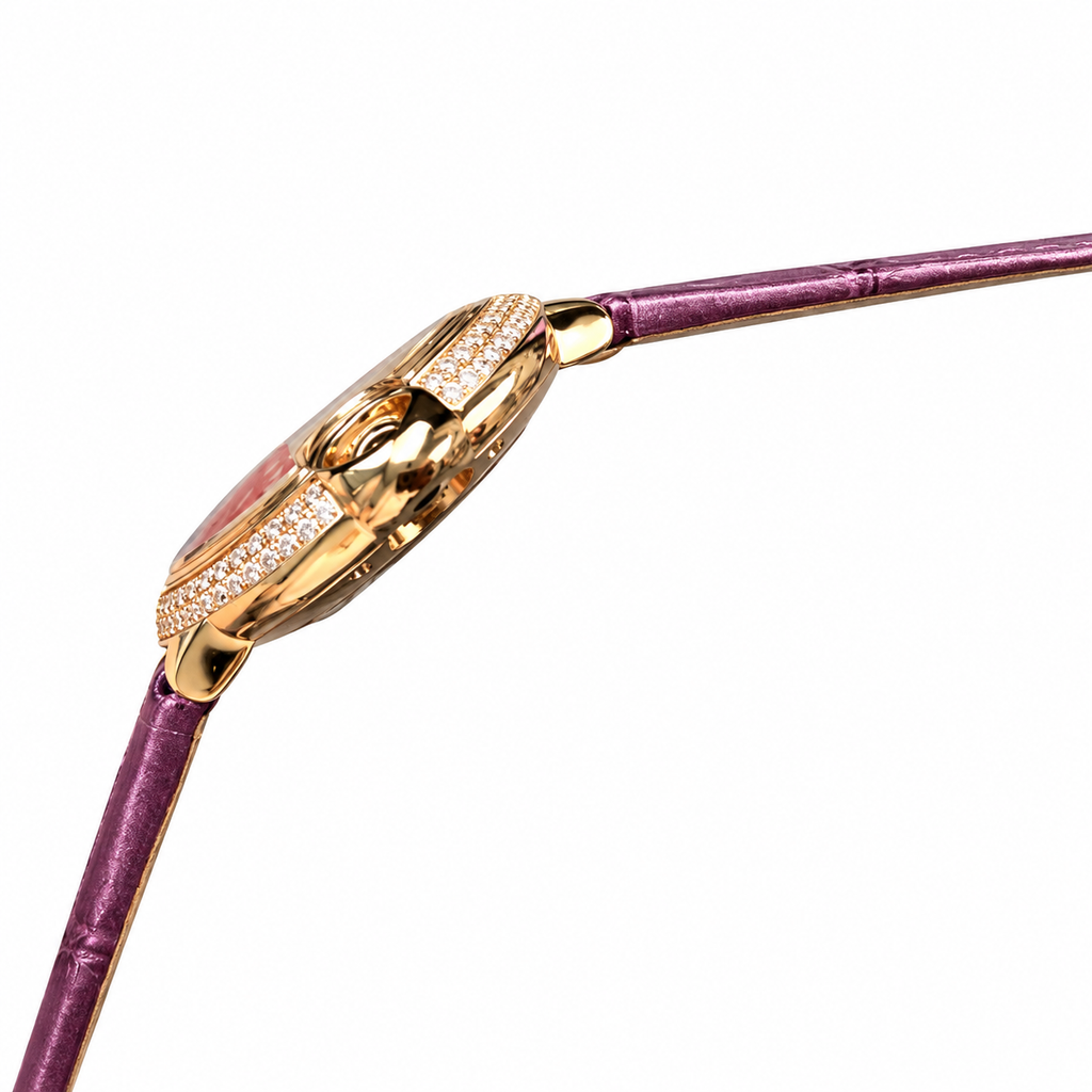 Cartier Ballon Bleu de Cartier 36mm — 18K Rose Gold, Double Diamond Bezel, Silver Guilloché Dial & Purple Alligator Strap, Automatic