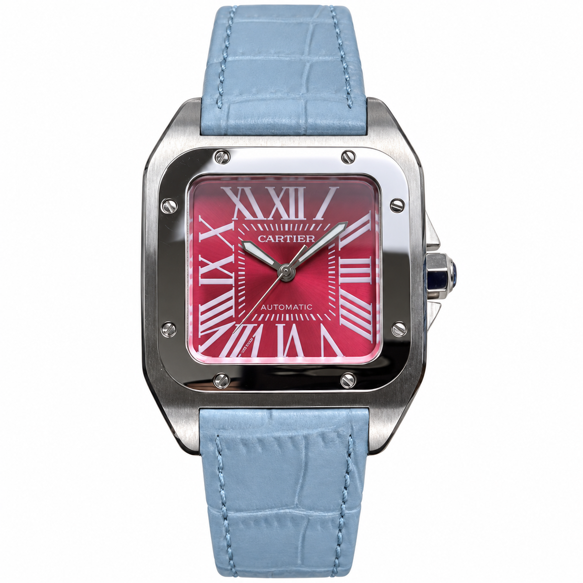 Cartier Santos 100 Automatic — Red Sunburst Dial & Blue Leather Strap