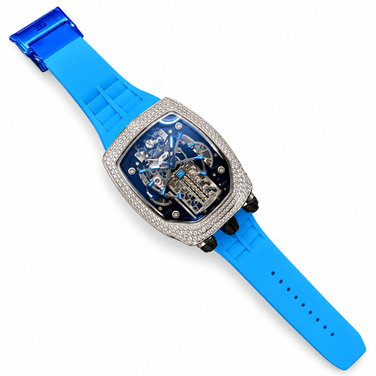 Jacob & Co. x Bugatti Twin Turbo Furious White Gold Diamond Tourbillon Blue Rubber Watch