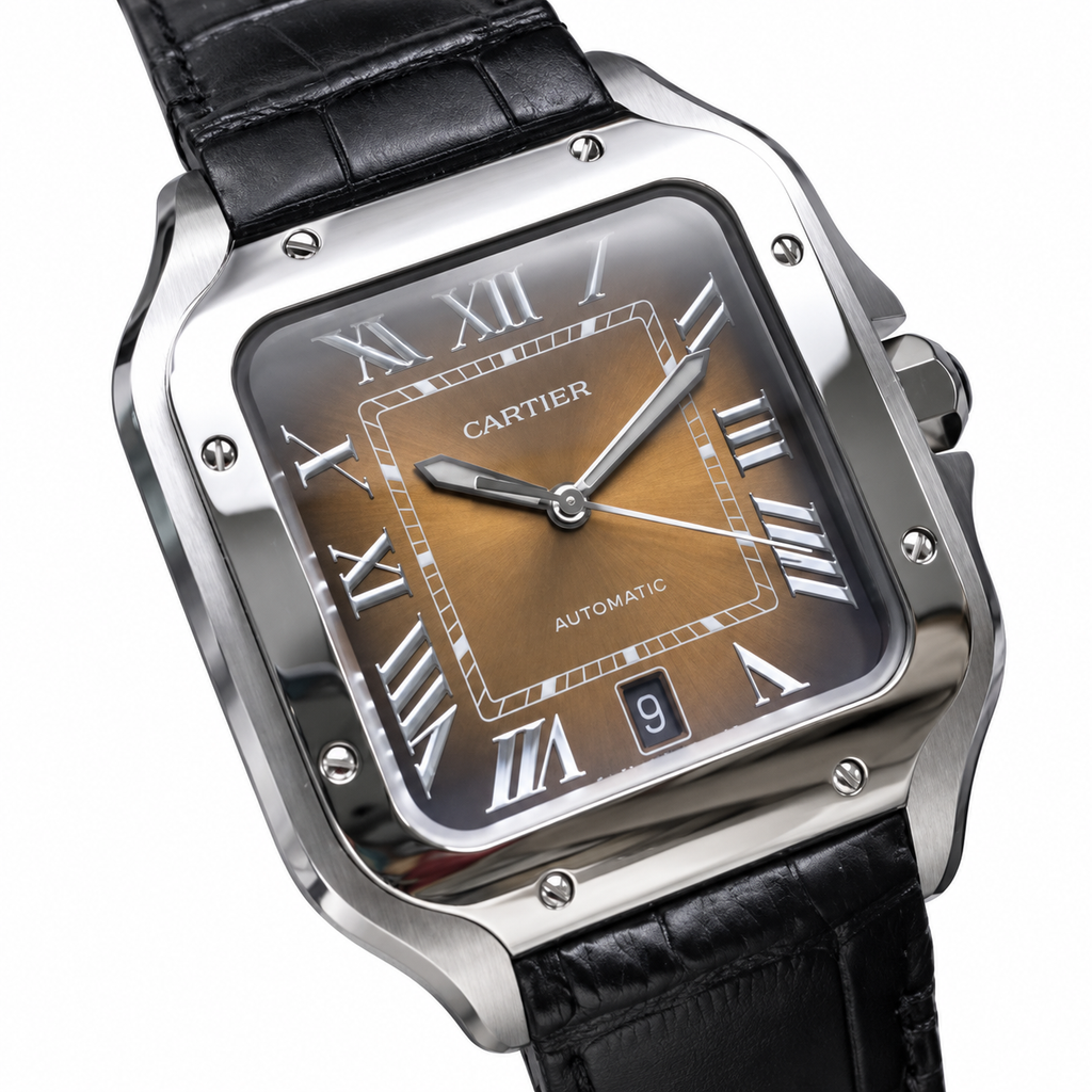 Cartier Santos Large — Steel, Brown Gradient Dial, Roman Numerals, Date & Black Alligator Strap, Automatic