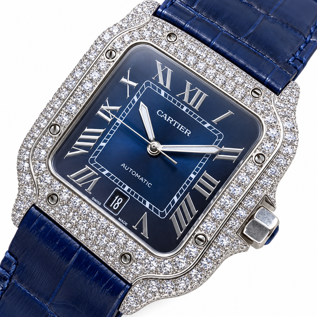 Cartier Santos de Cartier Large — Steel, Diamond Bezel, Blue Dial, Roman Numerals & Blue Alligator Strap, Automatic