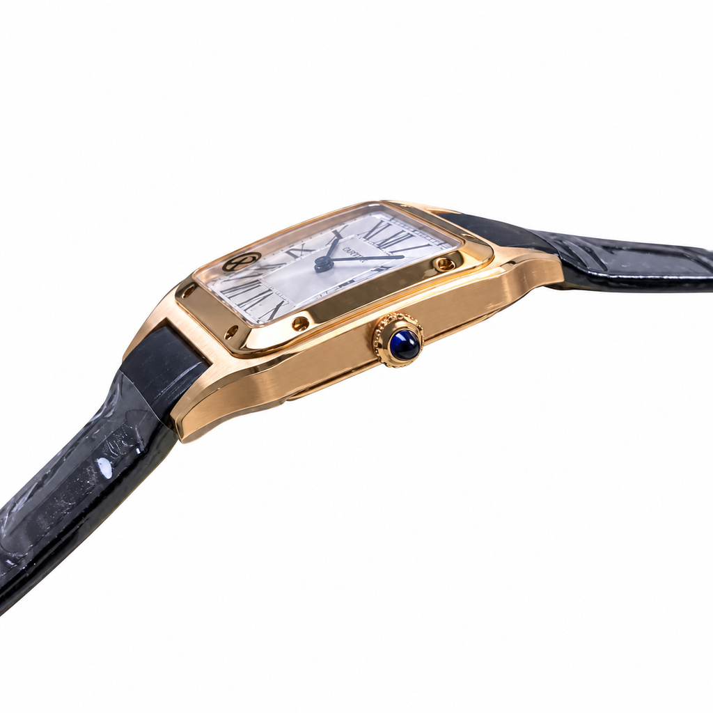 Cartier Santos-Dumont Large Rose Gold Silver Dial Manual Black Strap Watch – KDY